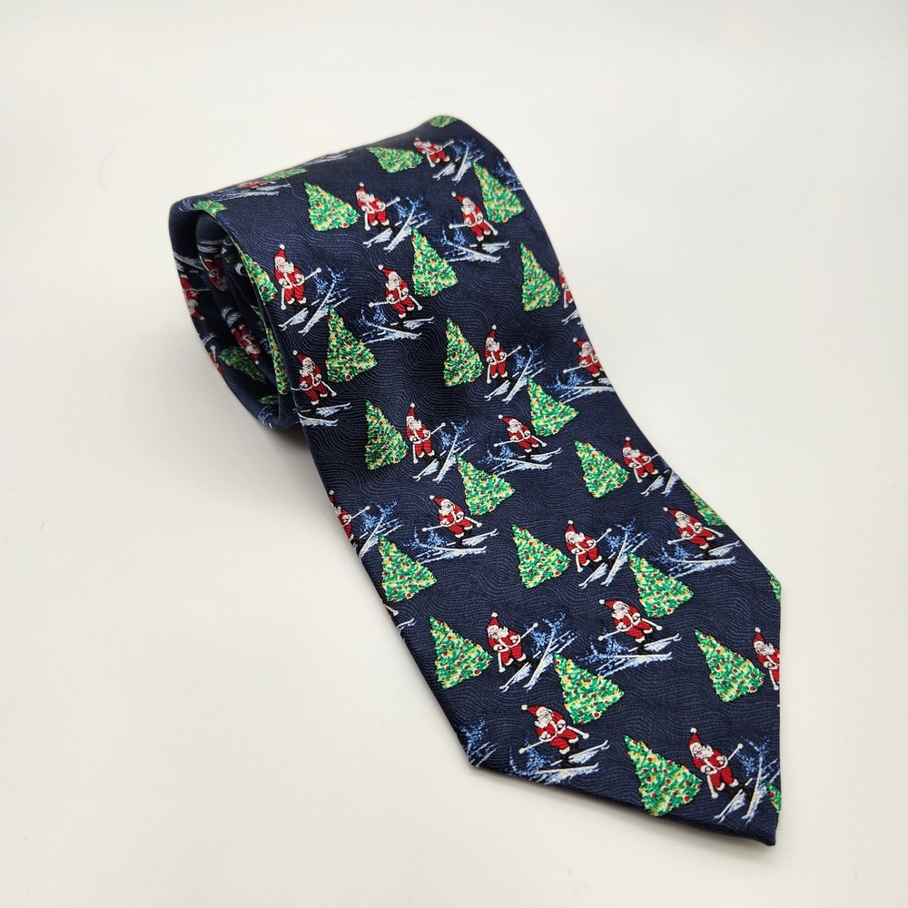 Jos. A. Bank Mens Christmas Tie Navy Silk Skiing Santa Holiday Necktie 4" Wide